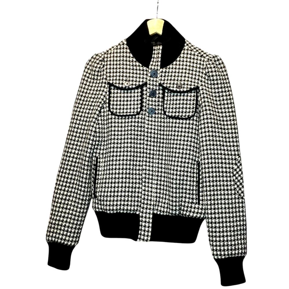 VTG Billabong Black/White Houndstooth Tweed Wool Blend Full Zip Puffed Shoulder